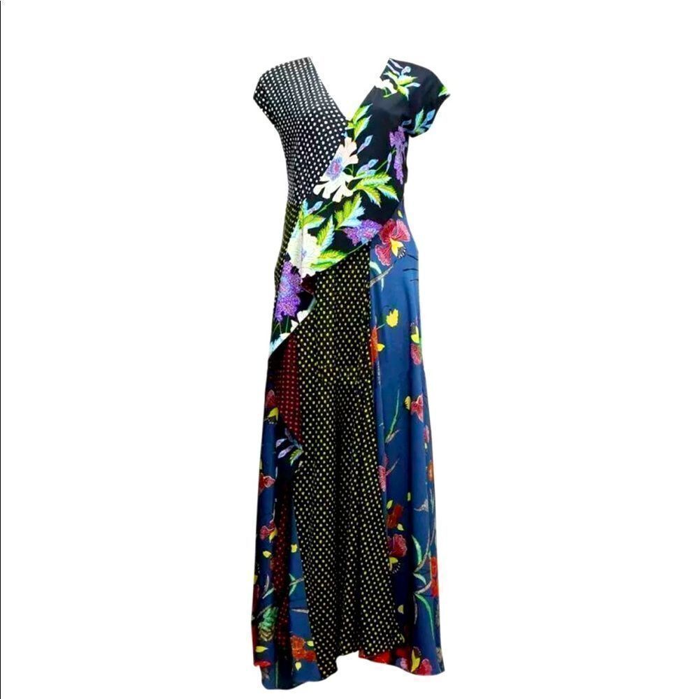 Diane von Furstenberg Draped Floral &‎ Dot Silk Maxi Patch Dress